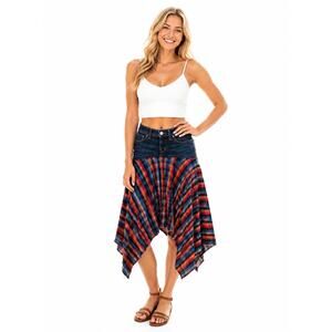 Upcycled Denim Flannel Skirt Handmade Asymmetrical MidiPlaid Handkerchief Fringe